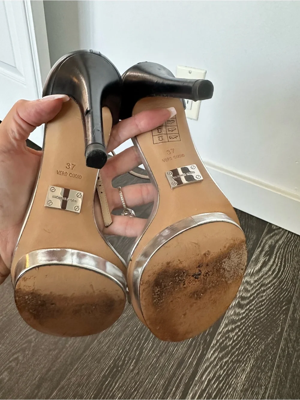 Michael Kors Black and Silver Stiletto Ankle-Strap Sandals